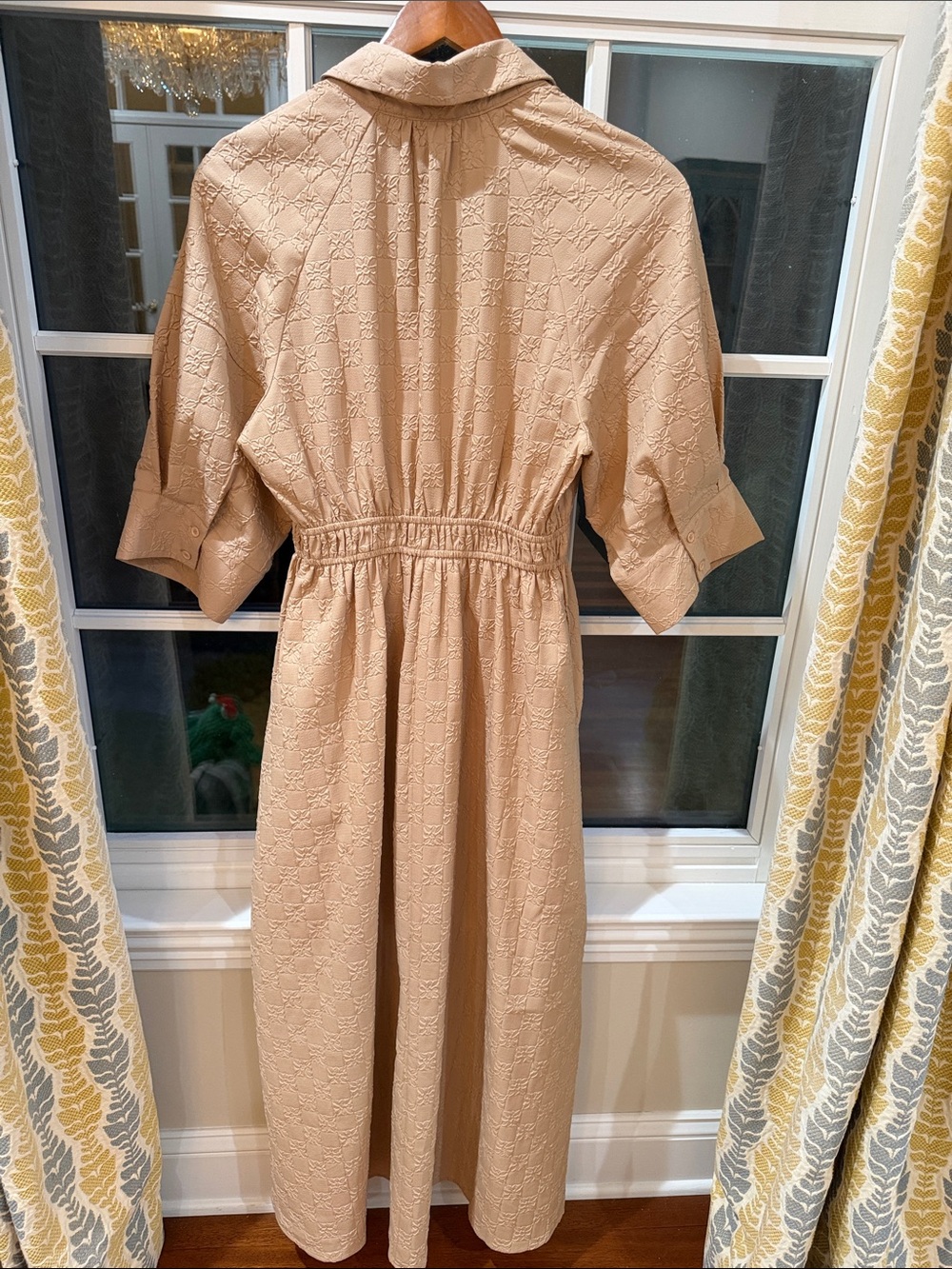 Coastal Grandmillennial Textured Tan Maxi Dress Smocked Pockets Entro Small - Picture 6 of 15